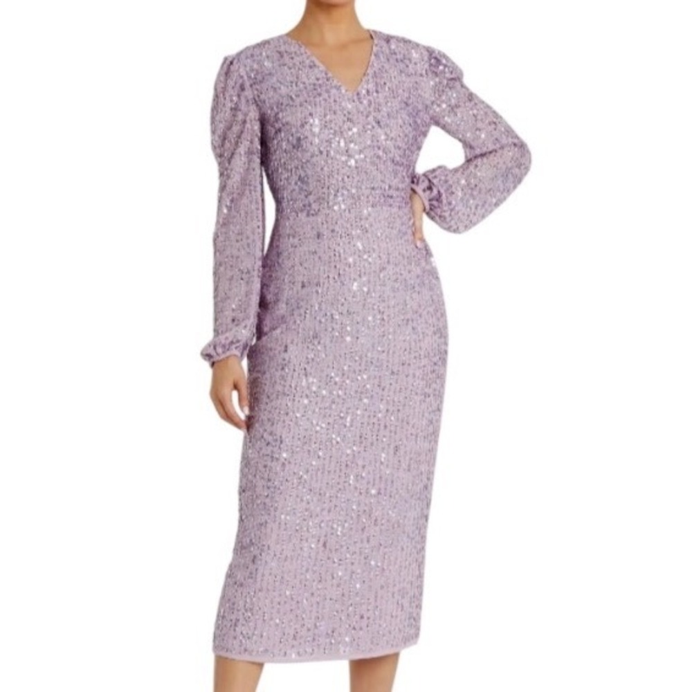 Mac Duggal Lavender Sequin Faux Wrap Long Sleeve Cocktail Midi Dress Size 14 NWT